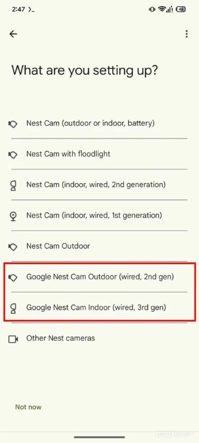 setup options in the Google Home app showing the next-gen Nest Cam and Nest Doorbell