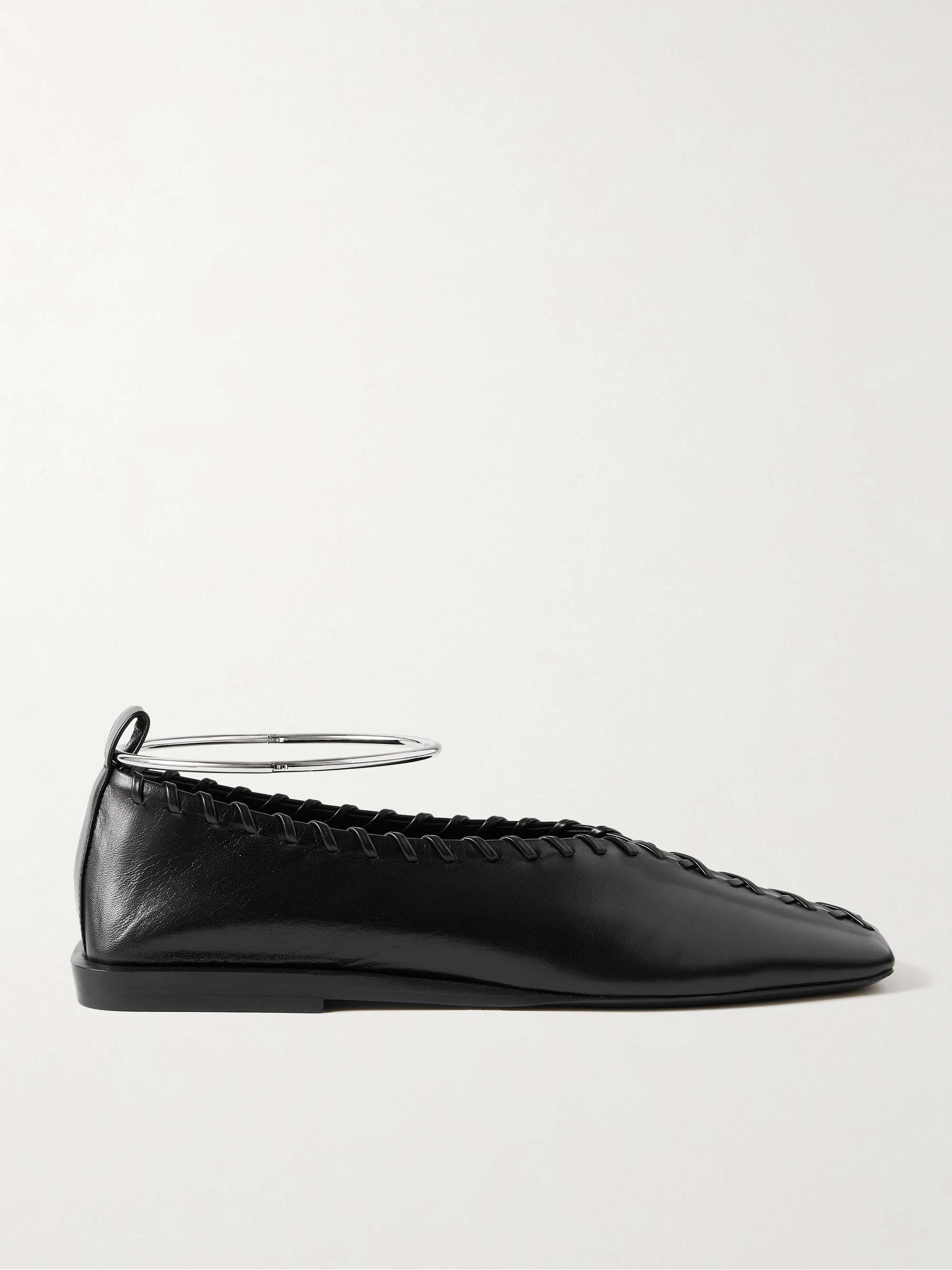 Ring Whipstitch-Trimmed Leather Ballet Flats