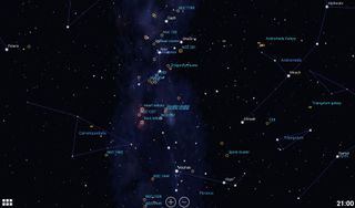 Astronomy apps such as Stellarium Mobile use symbols to represent classes of deep-sky objects. In the northeastern sky at about 9 p.m. local time in October, the outer rim of the Milky Way rises through the constellations Perseus and Cassiopeia, populating the region with open clusters (dashed circles) and nebulas (squares). Galaxies are shown as small ellipses. To find the objects, use nearby visible stars to guide you.