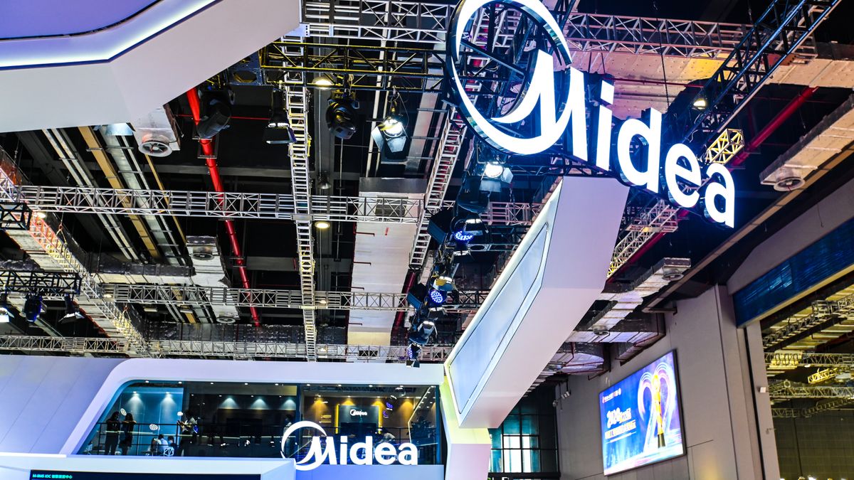 Midea company logo at trade show