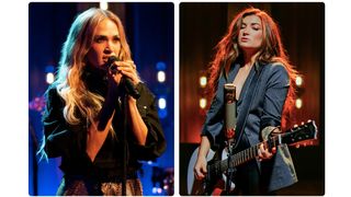 Carrie Underwood and Tenille Townes, both singing, side by side at separate sessions