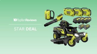 RYOBI 54 in. 80-Volt HP Brushless Battery Electric Cordless Zero Turn Mower + Blower and Backpack Battery deal