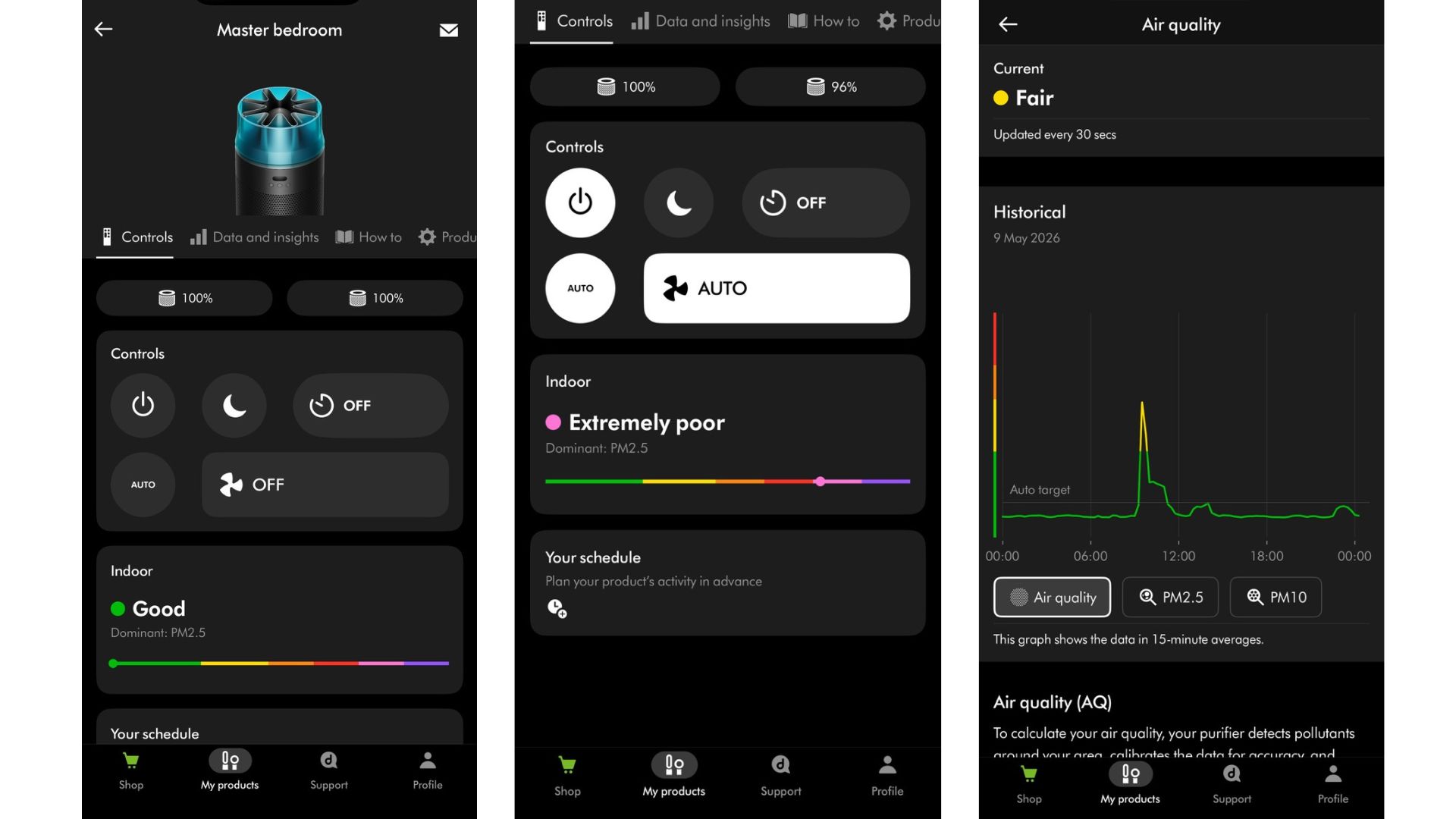 Screenshots of the Dyson HushJet air purifier app showing the main controls screen with power, auto mode and air quality status marked as &amp;ldquo;Good&amp;rdquo;, alongside a product image and scheduling section
