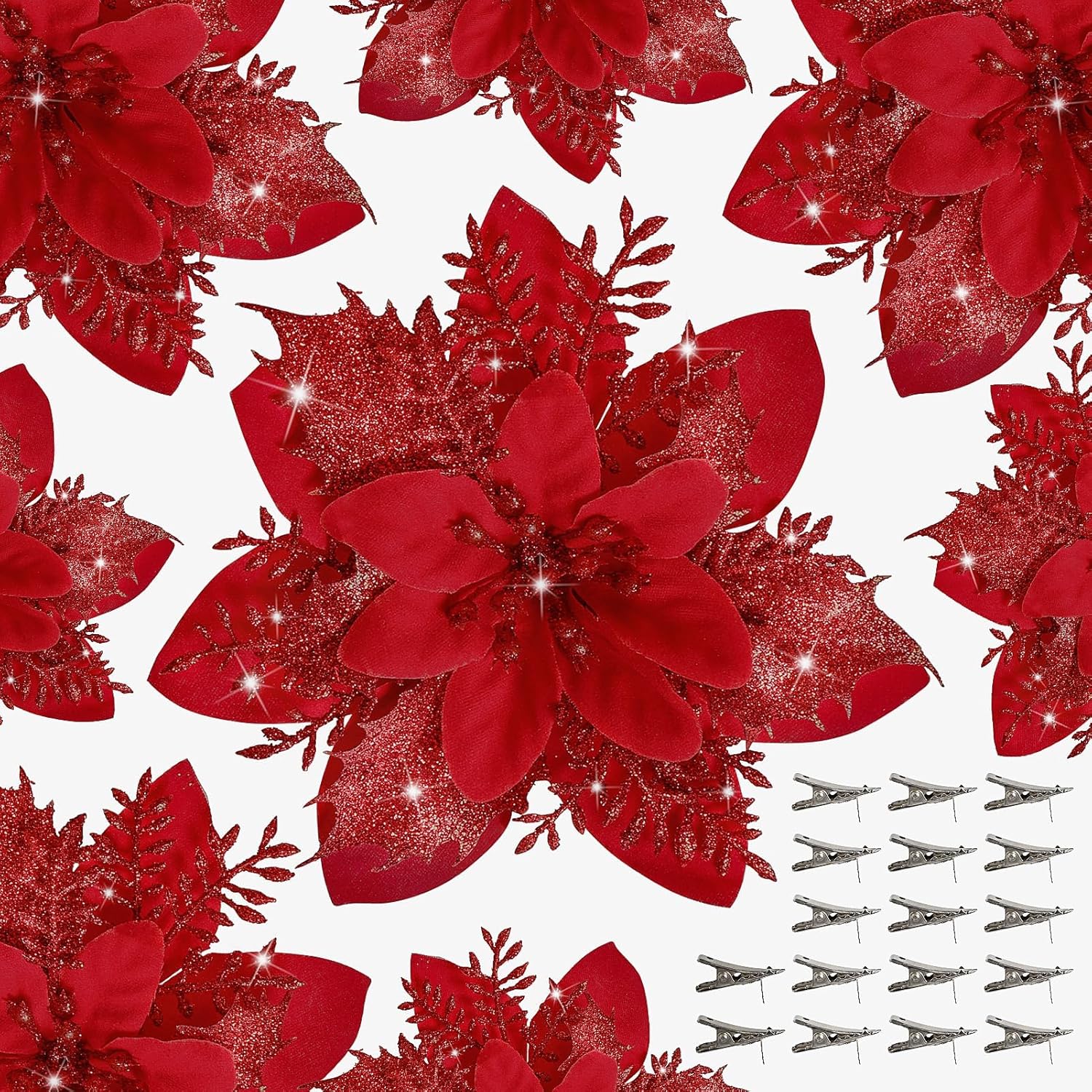 15 Pcs Poinsettia Flower Artificial Poinsettia With Clips Christmas Decor Glitter Poinsettia Christmas Ornaments Christmas Tree Flower Decorations With Stems Diy Xmas Wreath Holiday Home Party Decor