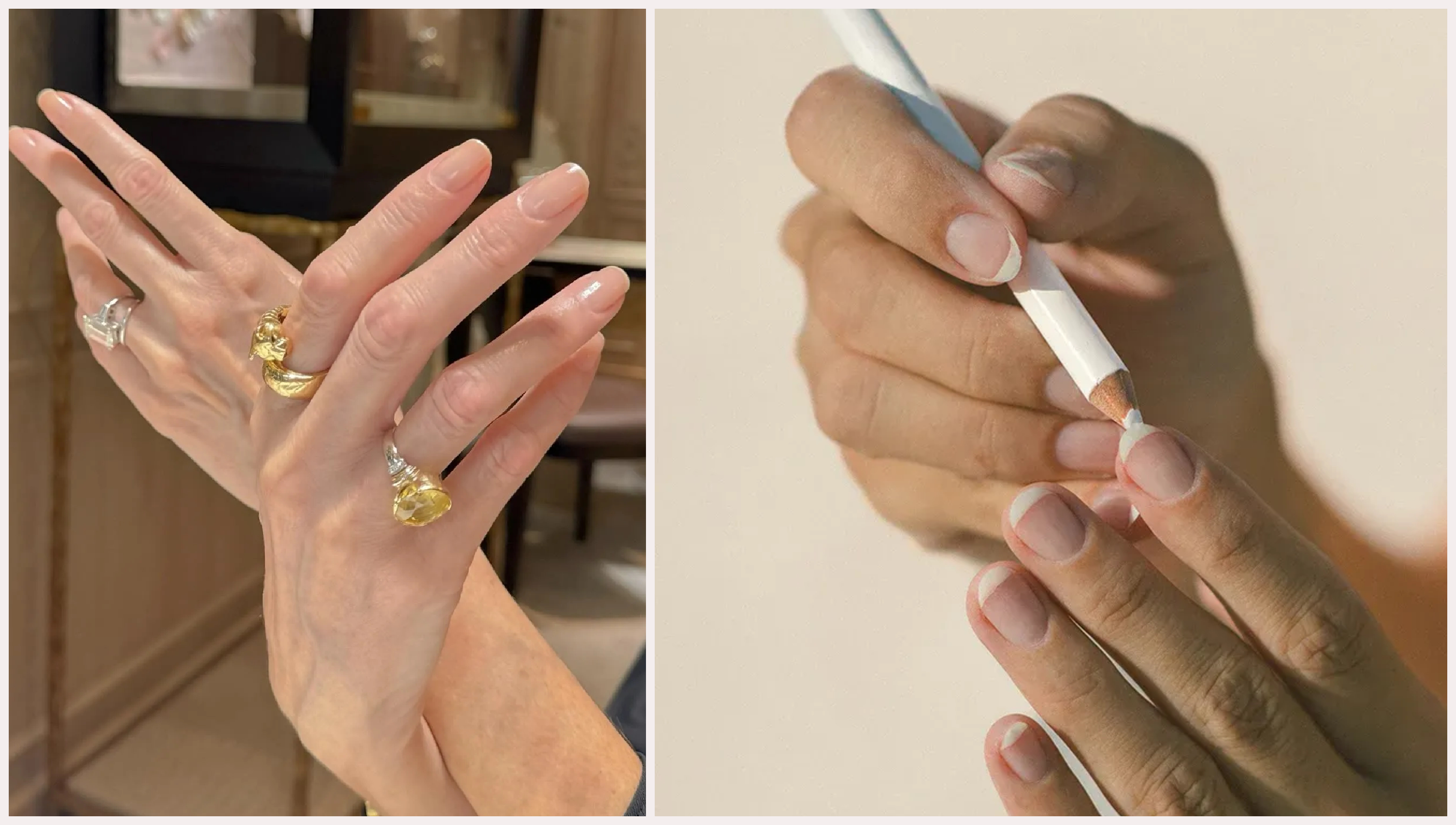 hands with shiny fingernails that are bare with yellow diamond and gold rings; two hands with bare nails and a white pencil drawing underneath the nails