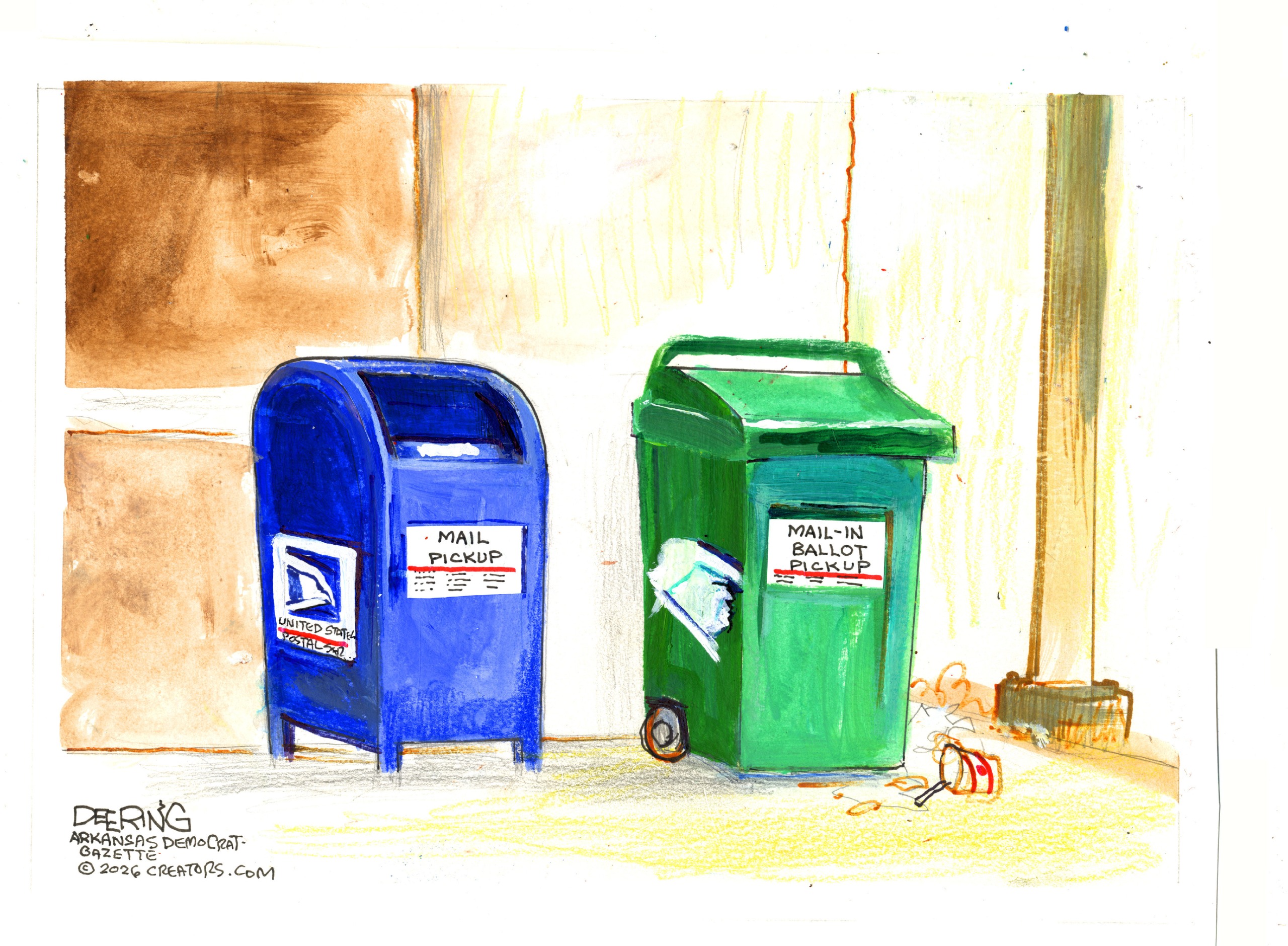 This cartoon depicts a U.S. mailbox next to a recycling can. The mailbox is labeled &amp;ldquo;Mail Pickup&amp;rdquo; and the recycling can is labeled &amp;ldquo;Main-in ballot pickup.&amp;rdquo;
