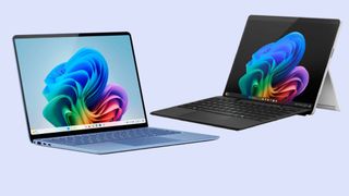 Blue Surface Laptop 7 and black Surface Pro 11 against blue background