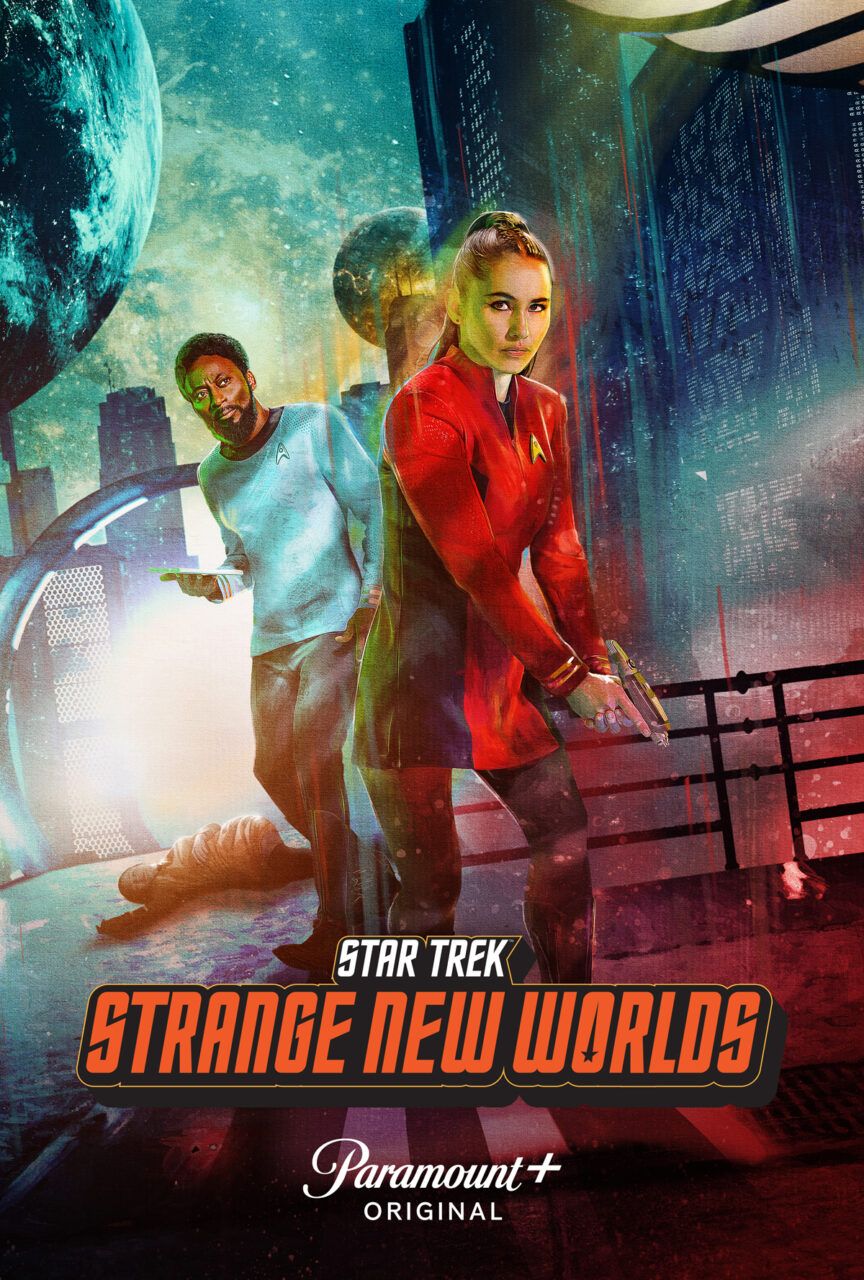 A red-shirted woman and blue-shirted male sci-fi characters holding guns