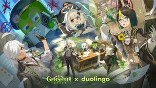 Key art for the Genshin Impact Duolingo crossover event.