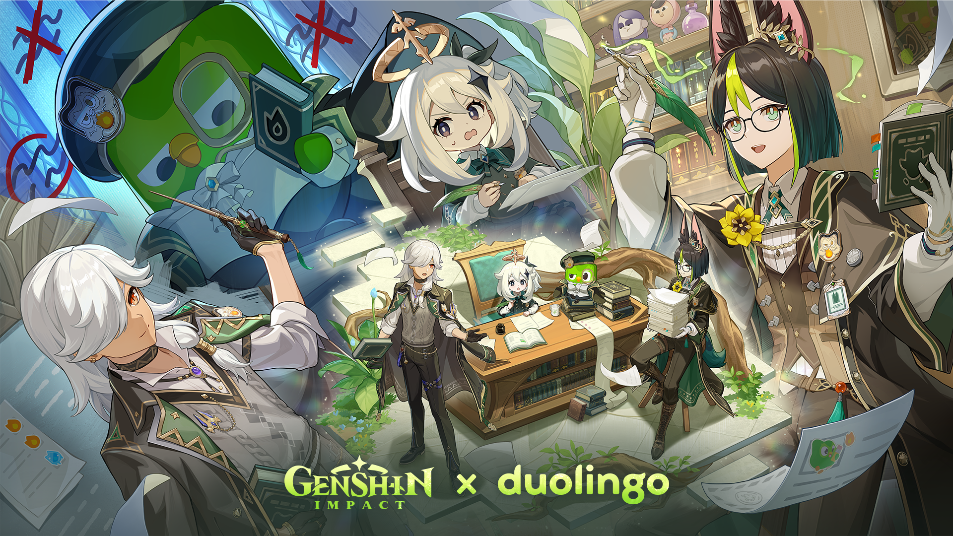 Key art for the Genshin Impact Duolingo crossover event.