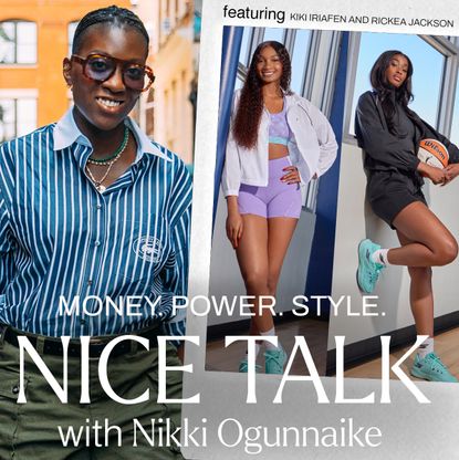 A photo of Nikki Ogunnaike with inset photos of Kiki Iriafen and Rickea Jackson and text reading Money. Power. Style. Nice Talk with Nikki Ogunnaike