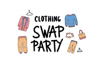 Illustration of clothes with Clothes Swap Party written in the middle