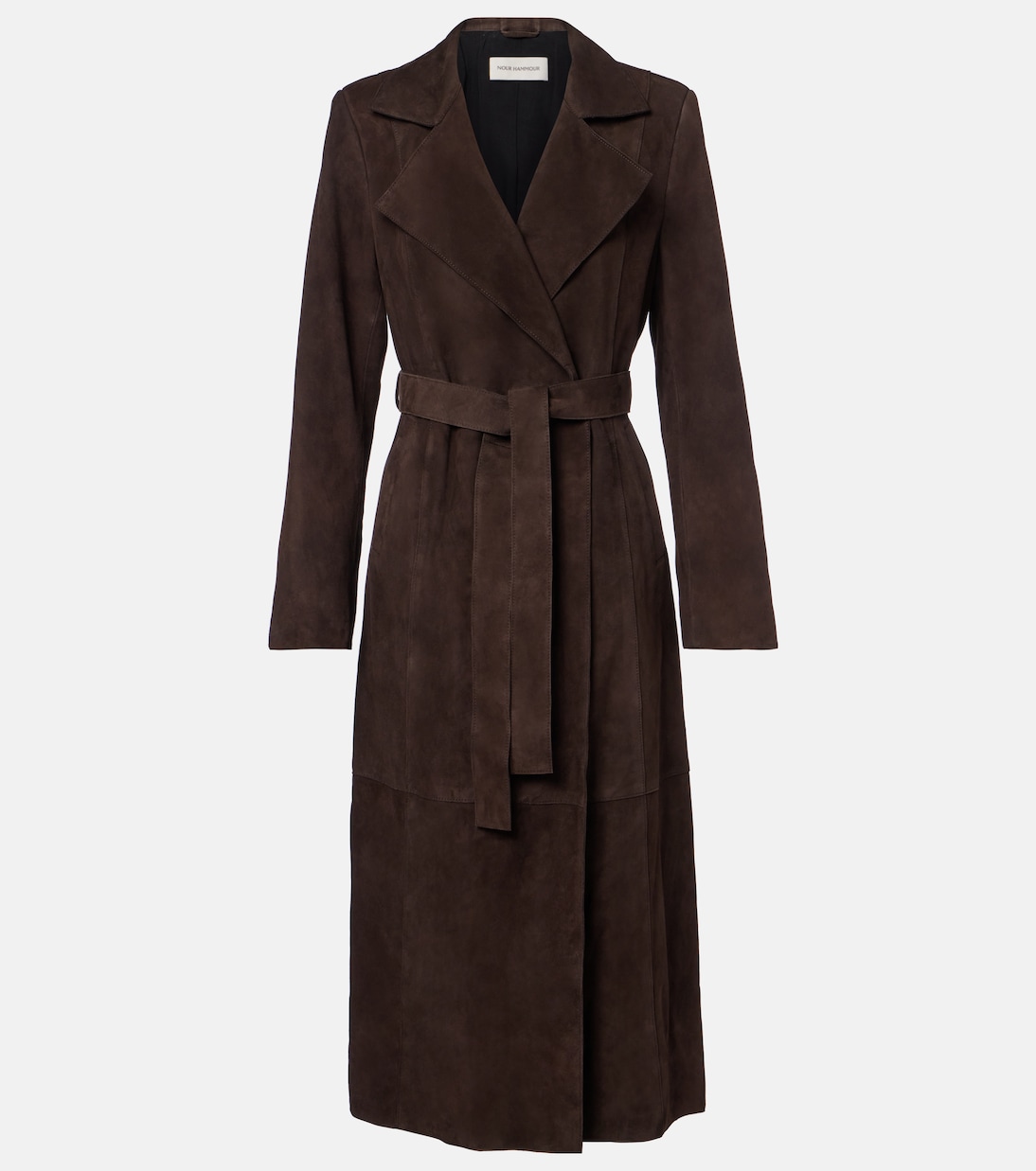 Winona Belted Suede Wrap Coat in Brown - Nour Hammour