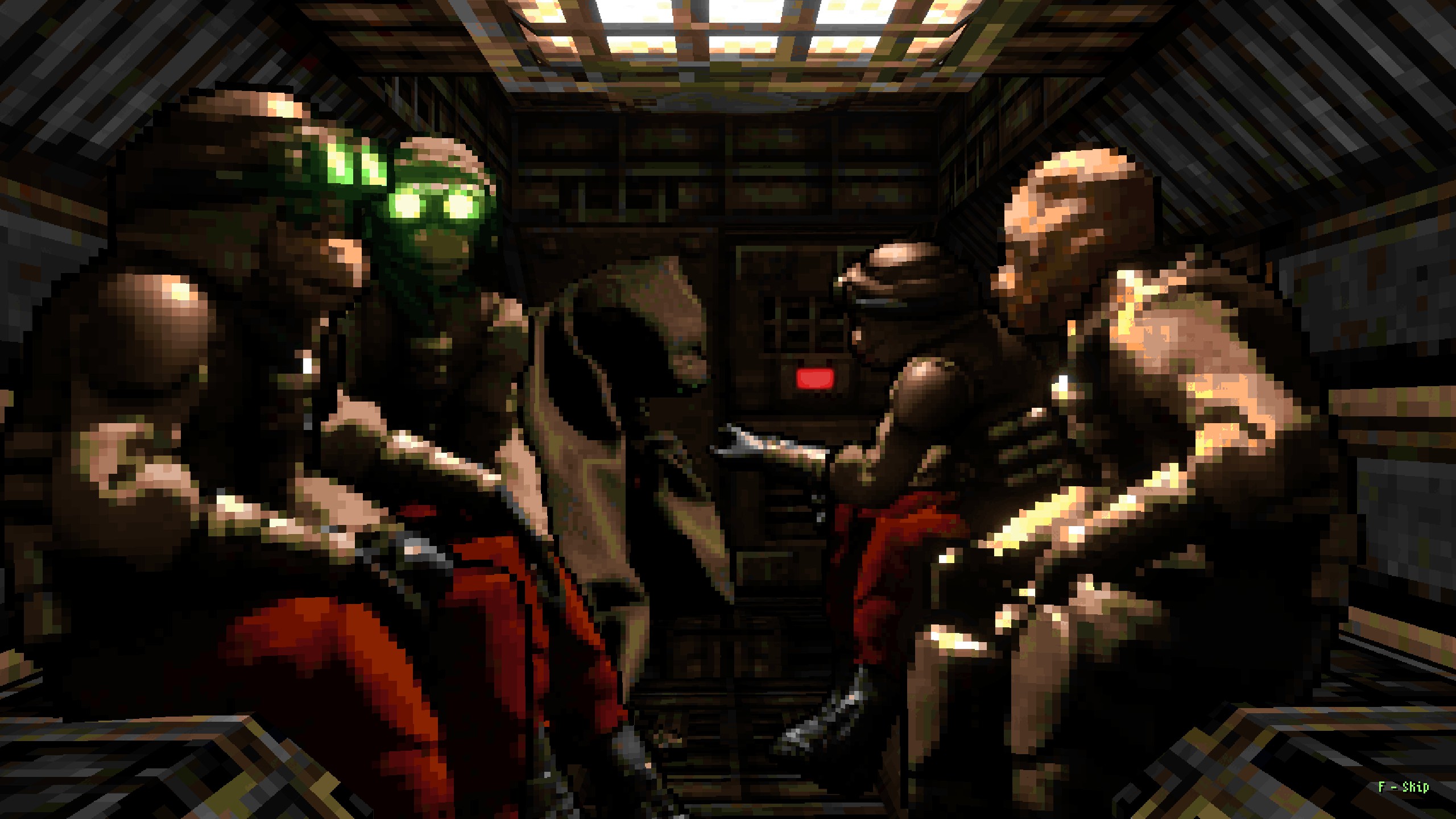 cutscene of characters packed into shuttle