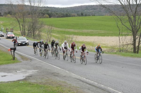 Near the Battenkill Creamery, Caleb Fairly (Holowesko Partners) pulls off the front of the 10 rider group which trails race leader and former breakaway companion Aaron Kemps (Fly V Australia)