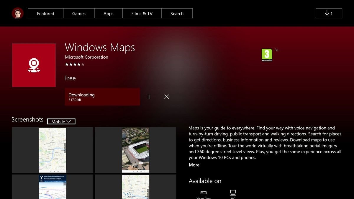 Windows Maps appears on the Xbox One app store, but you can't access it