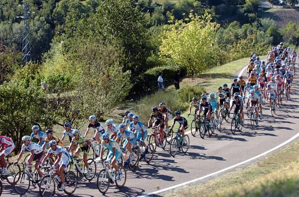 The peloton in action during the Giro dell'Emila.