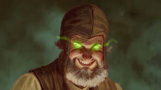 A sinister, bearded man with glowing green eyes