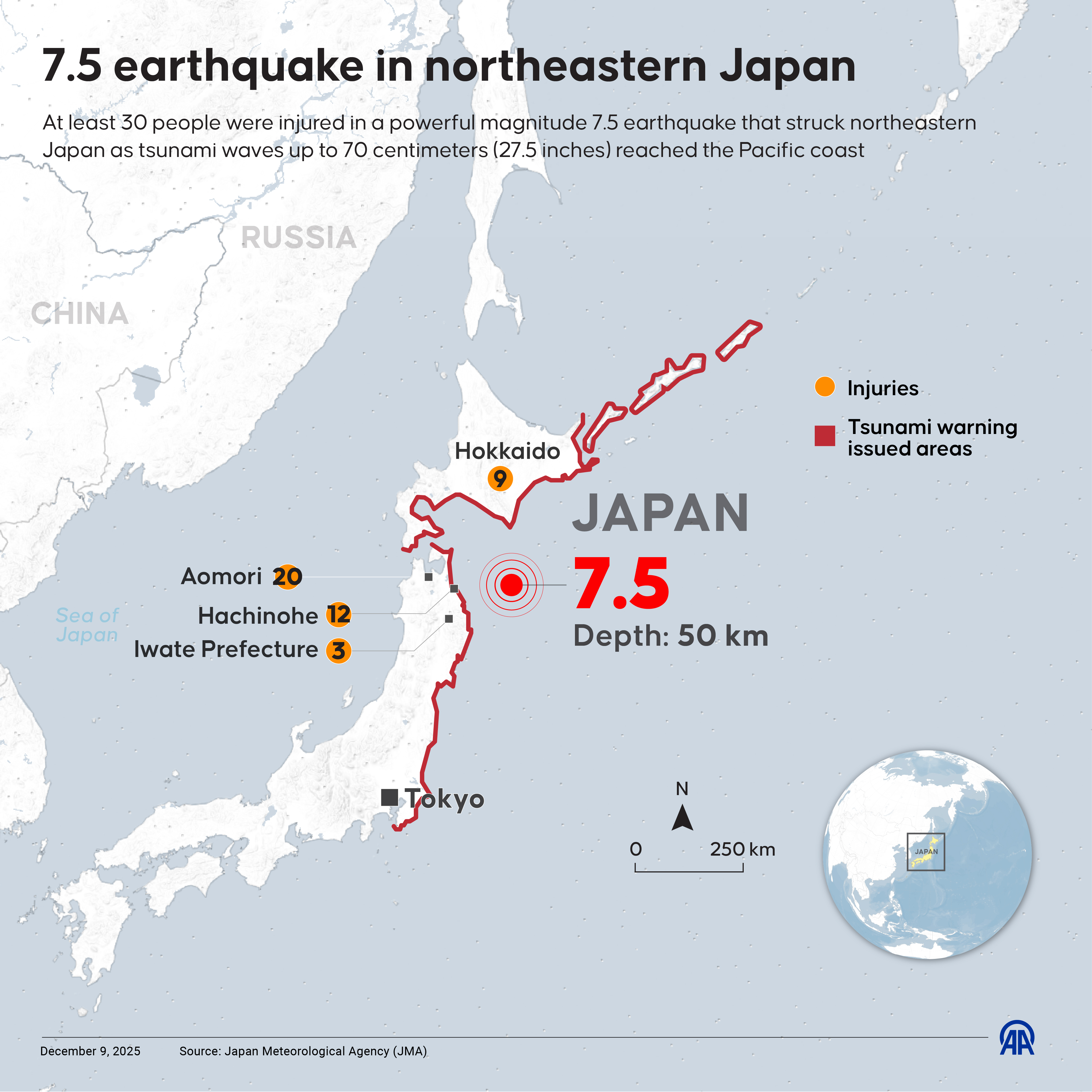 An annotated map showing where an earthquake struck off Japan, the areas affected by a tsunami warning and the number of reported injuries.