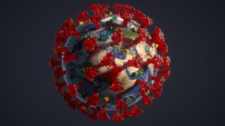 an artist's rendering of the globe with coronavirus-like spikes