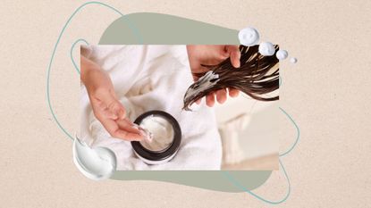 an image of hair mask vs conditioner with a woman applying a hair mask on a beige background