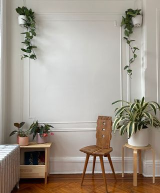 A white wall with plants hanging off it, a chair, and plants on wooden tables