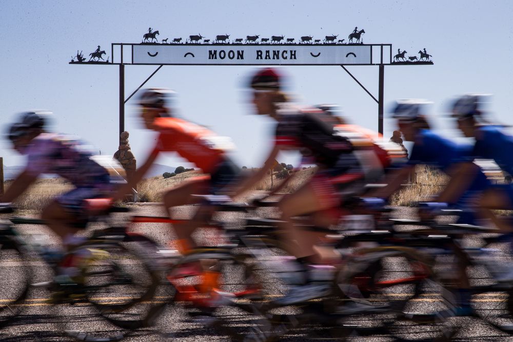 The women pass a ranch along the route during stage 1 of the Tour of The Gila on April 18, 2018 in Silver City, New Mexico.