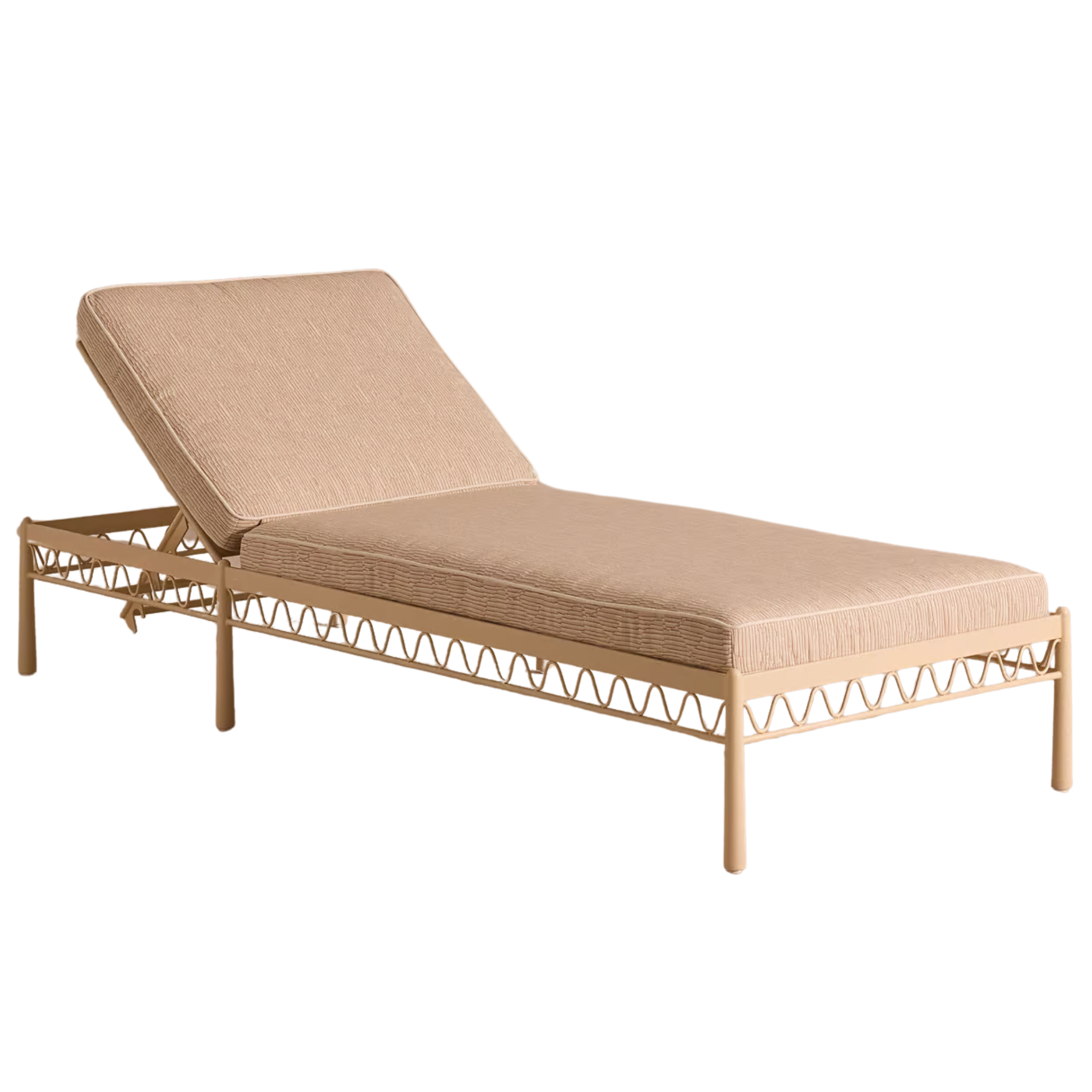 sun lounger with a metal frame and a dusty pink cushion