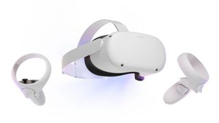 A Oculus Quest 2 headset and controllers, against a white background
