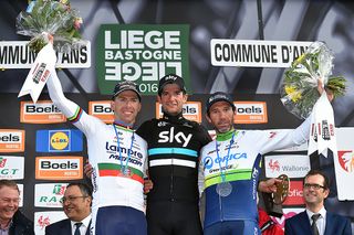 Liege-Bastogne-Liege podium: Rui Costa (Lampre), Wout Poels (Team Sky), Michael Albasini (Orica-GreenEdge)