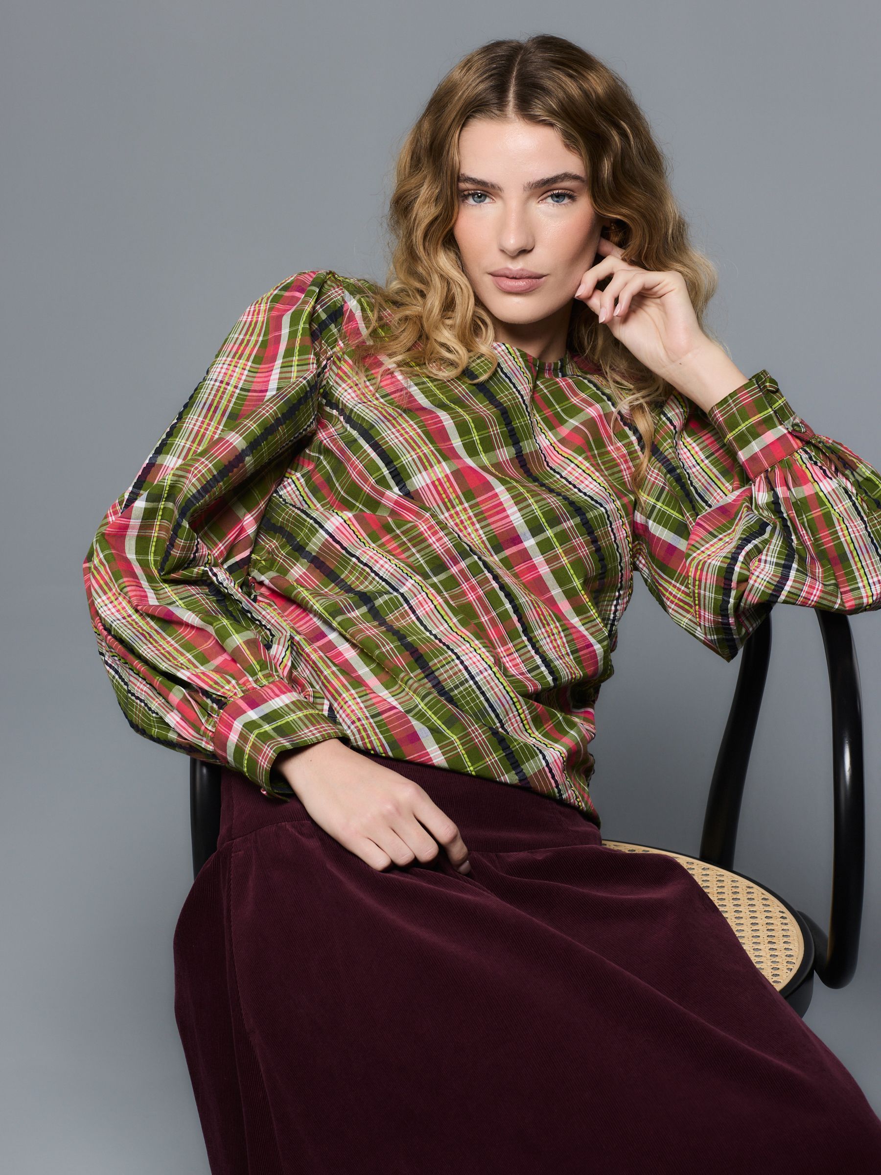 Green/pink Checked Volume Long Sleeve Top
