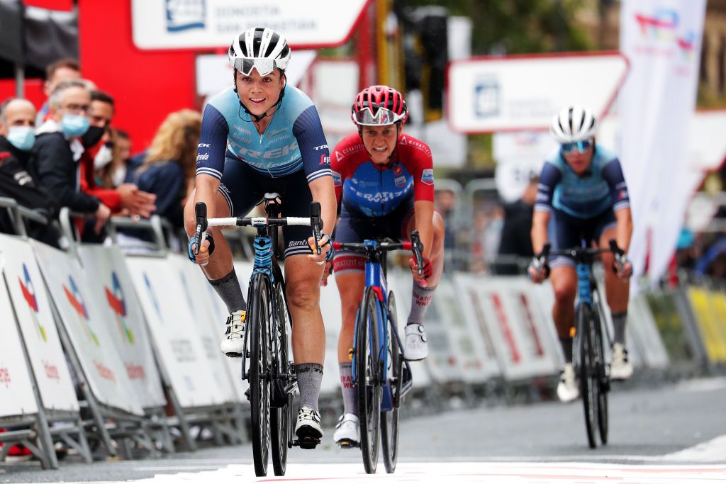 SAN SEBASTIAN SPAIN JULY 31 Audrey CordonRagot of France and Team Trek Segafredo at arrival during the 3rd Donostia San Sebastian Klasikoa Women 2021 a 1398km race from DonostiaSan Sebastian to DonostiaSan Sebastian Klasikoa KlasikoaWomen UCIWWT on July 31 2021 in San Sebastian Spain Photo by Gonzalo Arroyo MorenoGetty Images