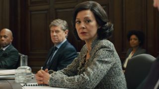 Helen McCrory taken aback in the middle of an inquiry in Skyfall.