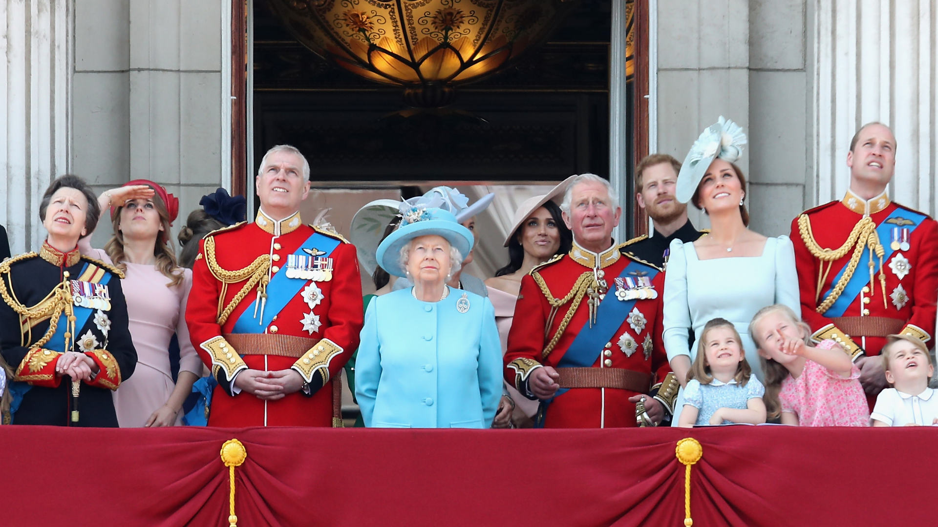 Prince George, Prince Andrew, Queen Elizabeth, King Charles, Princess Kate, Prince William, Princess Charlotte and other members of the royal family on the balcony during Trooping the Colour 2018