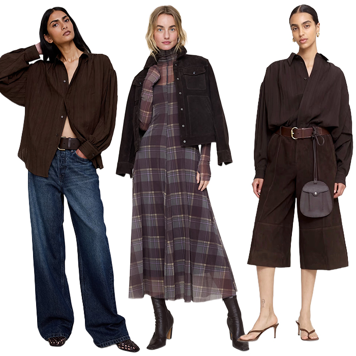 One woman wears brown tunic and jeans. Another wears plaid dress, boots, and jacket. The last model wears culottes, brown button down, and thong heels. 
