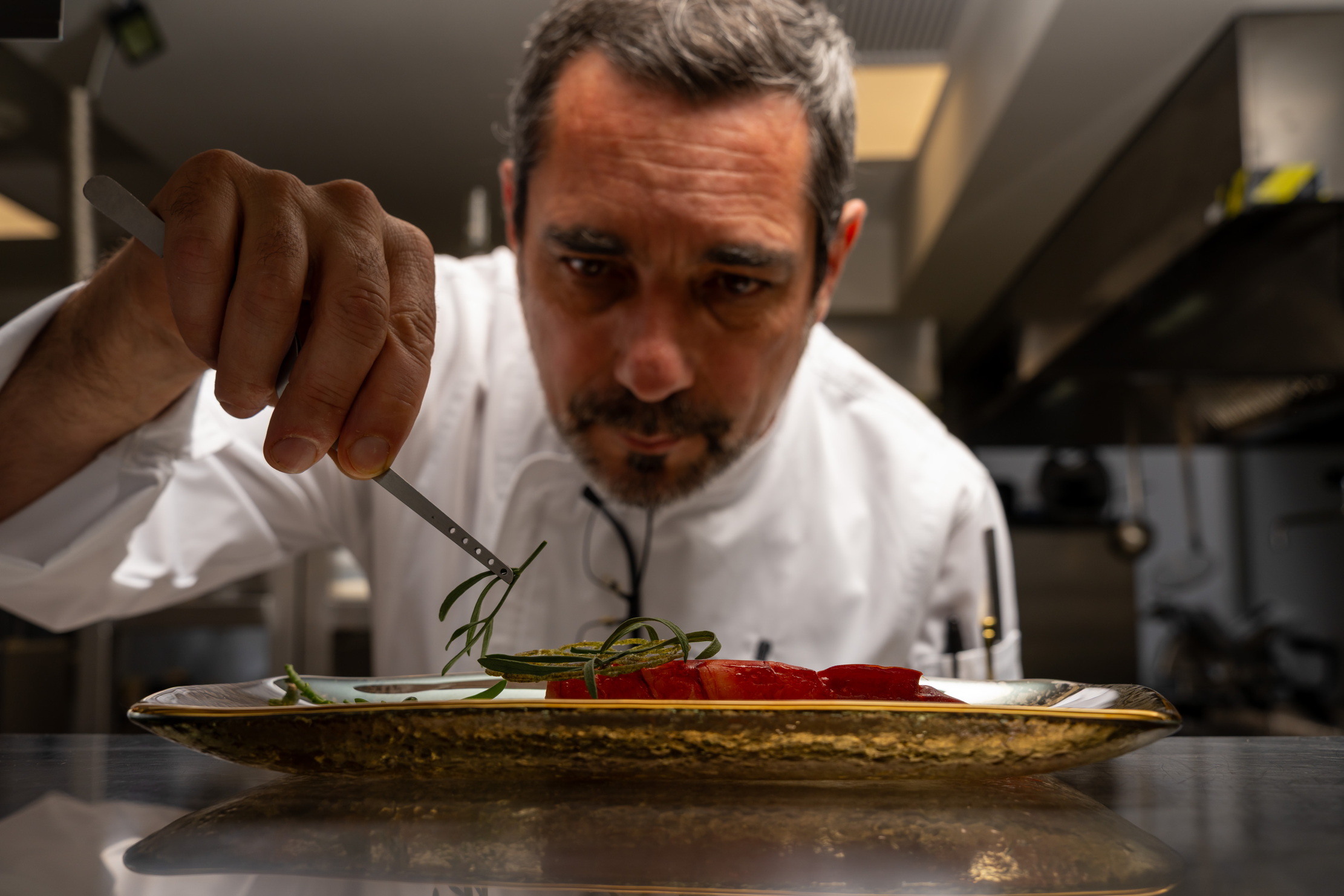 A chef prepares dinner with a pair of tweezers