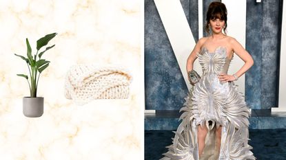 A neutral marble background with a plant and ivory throw next to a shot of Zooey Deschanel in a silver feather-like dress
