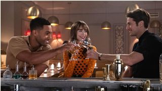 Lucien Laviscount as Alfie, Lily Collins as Emily, Lucas Bravo as Gabriel in episode 305 of Emily in Pari