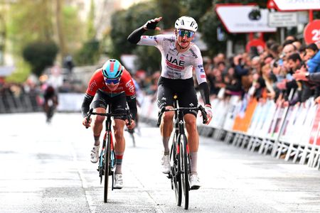 ESTELLALIZARRA SPAIN MARCH 30 Brandon Mcnulty of The United States and UAE Team Emirates L celebrates at finish line as race winner ahead of Maxim Van Gils of Belgium and Team Lotto Dstny L during the 33rd Gran Premio Miguel Indurain 2024 a 1981km one day race from EstellaLizarra to EstellaLizarra on March 30 2024 in EstellaLizarra Spain Photo by Tim de WaeleGetty Images