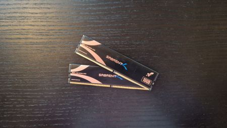 Two 16GB Sabrent Rocket DDR5 modules from above showing face design