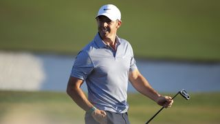 Rory McIlroy of Northern Ireland reacts on the 18th green during the third round of the 2026 Masters Tournament at Augusta National Golf Club on April 11, 2026 in Augusta, Georgia.