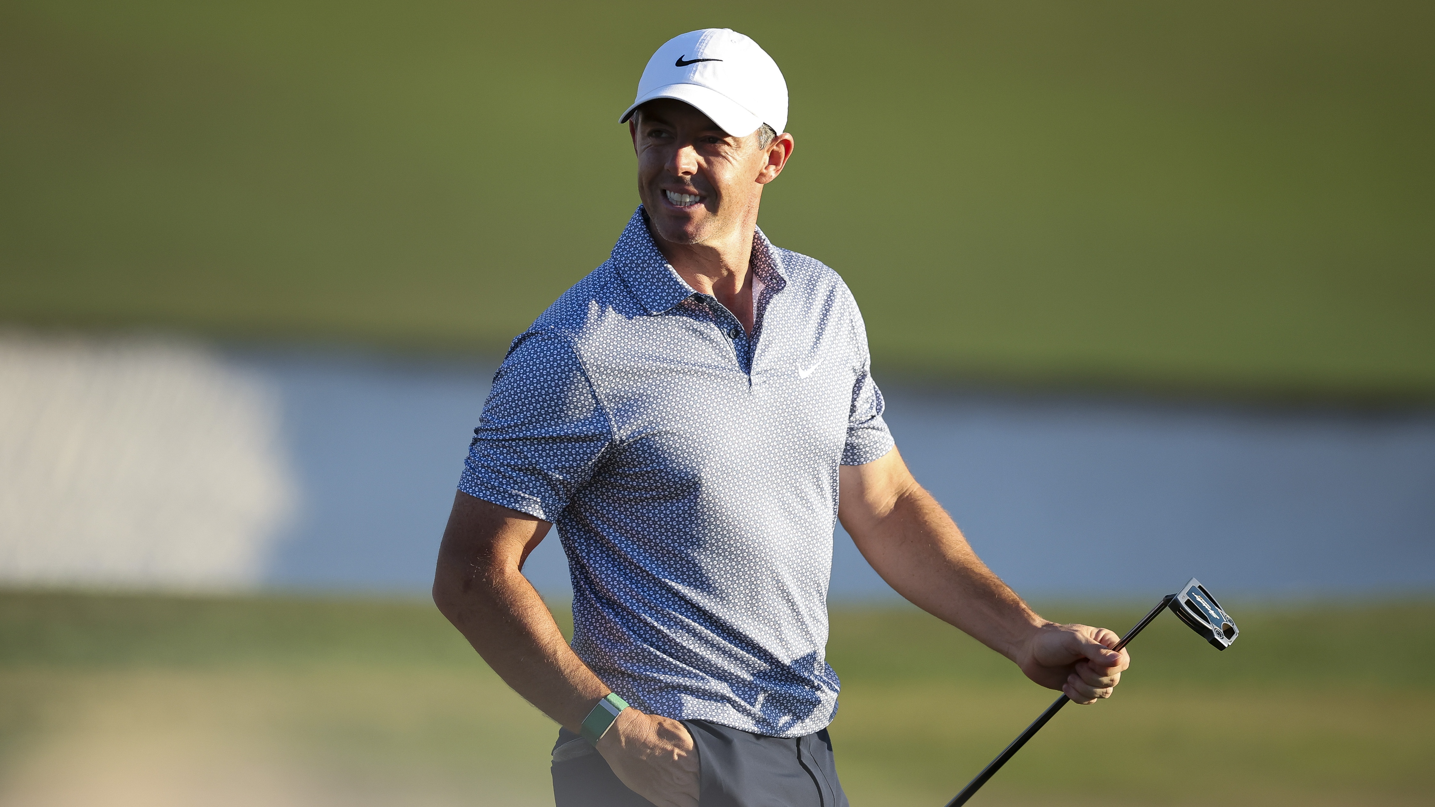 Rory McIlroy of Northern Ireland reacts on the 18th green during the third round of the 2026 Masters Tournament at Augusta National Golf Club on April 11, 2026 in Augusta, Georgia.
