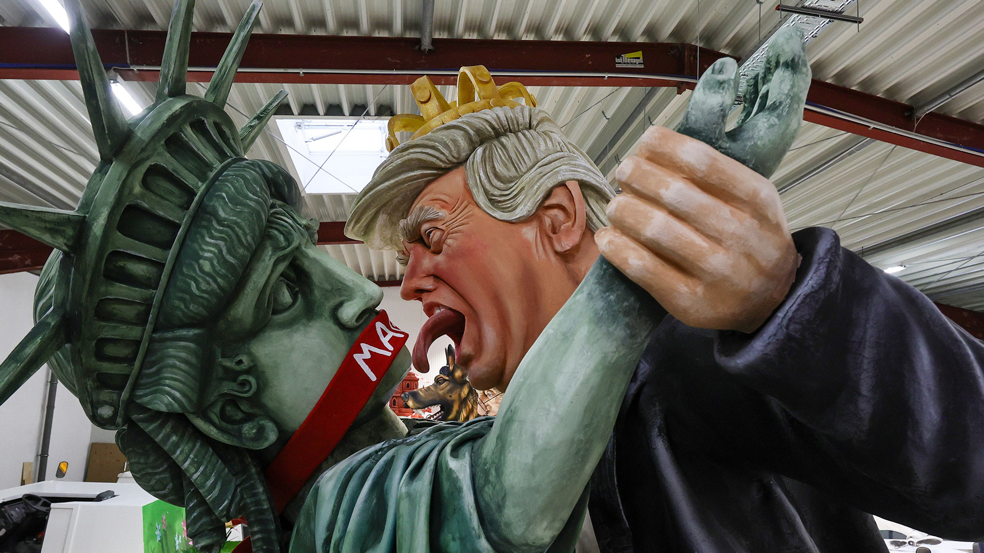 Carnival float depicting Donald Trump and the Statue of Liberty is seen in storage ahead of the parade in Mainz, Germany