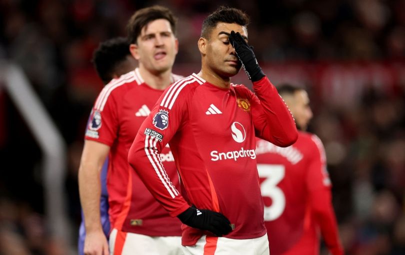 MANCHESTER, ENGLAND - DECEMBER 30: Casemiro of Manchester United reacts during the Premier League match between Manchester United FC and Newcastle United FC at Old Trafford on December 30, 2024 in Manchester, England. (Photo by Carl Recine/Getty Images)