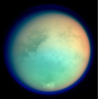 This false-color image from NASA's Cassini spacecraft shows Titan in ultraviolet and infrared wavelengths. 