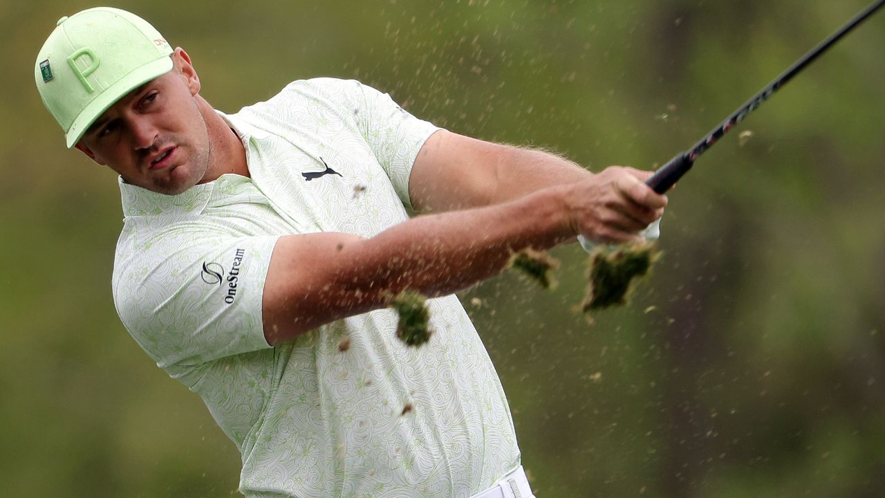 Bryson DeChambeau takes a tee shot during the second round of the 2022 Masters