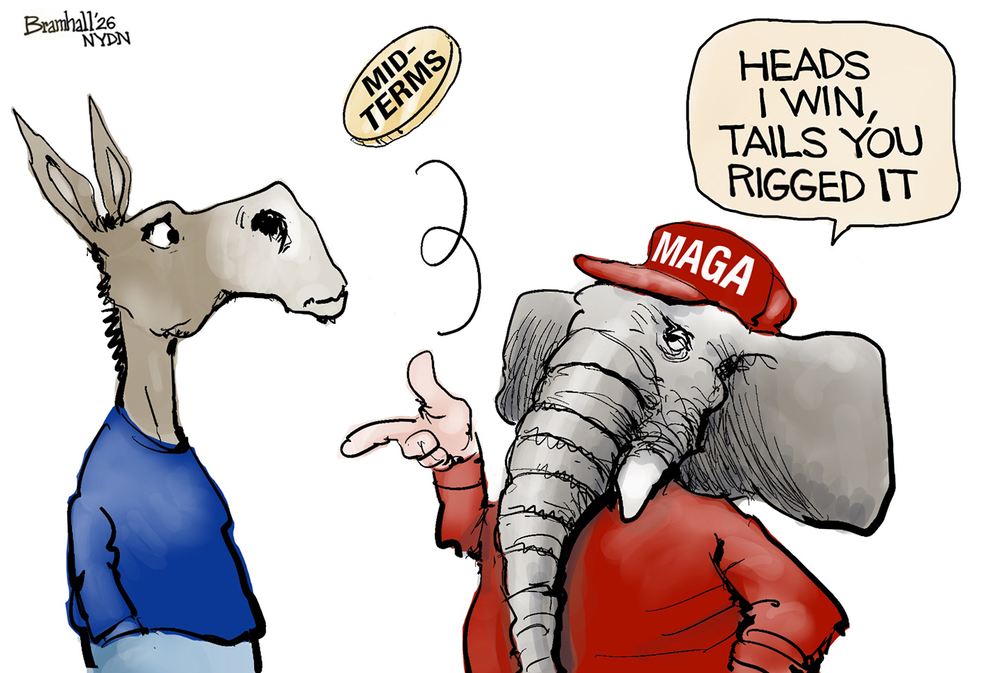 A donkey and an elephant flip a coin labeled &amp;ldquo;Midterms&amp;rdquo;. The elephant wears a MAGA hat and says, &amp;ldquo;Heads I win, tails you rigged it.&amp;rdquo;