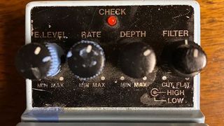 Closeup of settings on a Boss CE-5 Chorus Ensemble pedal