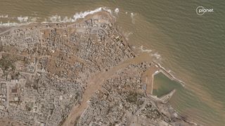 The Libyan city of Derna devastated by floods unleashed by Medicane Daniel.