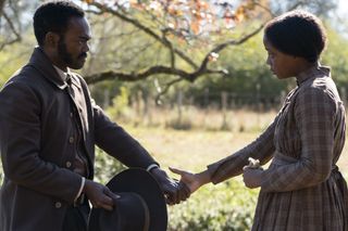 'The Underground Railroad' - William Jackson Harper as Royal and Thuso Mbedu as Cora.